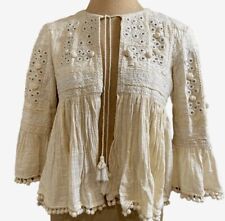 ZARA Jacket Top XS Ivory Cotton Tasselled Pom Pom Mirrored Embroidered Gauze