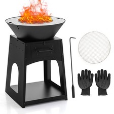 2-in-1 Fire Pit Grill Firewood Stove Wood Burning Fire Place w/Rack Fire Poker