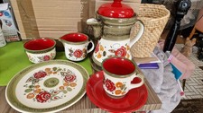 SCHRAMBERG GERMANY TEA SET TIROL RED GREEN CUPS SAUCERS TEA SET DINNER SERVICE