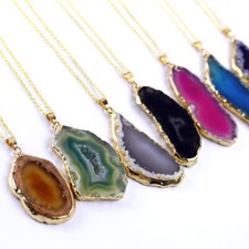 Large Natural Agate Slice Chakra Stone Necklace Pendant with Gold Style Chain