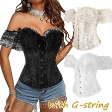 Women Floral Lace Up Corset Bustier Boned Overbust Short Sleeve Lingerie Brocade