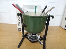 Vintage Le Creuset Enzo Mari  La Mama Fondue Pot pan Green Burner Stand & Forks