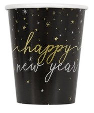 Happy New Year 9oz Paper Cups 8 Pack New Year's Eve Party Black Gold Silver