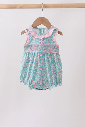 Green floral smocked bubble - smocked,