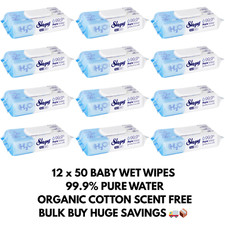 Baby Wet Wipes Water 99.9% Pure, Unscented, Organic Cotton 12 Packs 600 Count