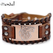MENDEL Mens Norse Viking Leather Fenrir Wolf Head Bracelet Wristband For Men