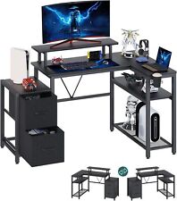 HEEYUE PC desk, L-shaped Desk with  Monitor Stand,Corner Desk,2 Fabric Drawers