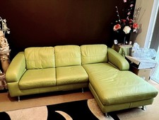 DFS RIGHT HAND FACING CORNER SOFA SET IN LIME GREEN LEATHER - 2 & a 3 SEATER