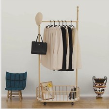 Golden Clothing Rack with Wheels Rolling Clothes Rack Storage Basket Metal
