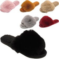 WOMENS SLIP ON FLUFFY FAUX FUR WARM COSY WINTER LADIES SLIDERS MULES SLIPPERS UK