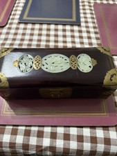 Vintage Chinese Redwood Jewellery Box Brass Trim Jade Inlaid Design Hinged Lid