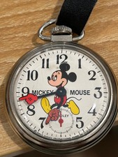 Mickey Mouse Pocket Watch w/Fob Chrome Color RUNS