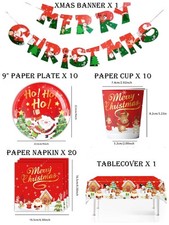 Xmas Partyware Set Merry Christmas Banner Plates Cups Napkins Tablecover Santa