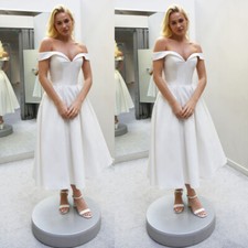 Satin Wedding Dresses Off the Shoulder Tea Length Corset Bridal Gown Plus Size