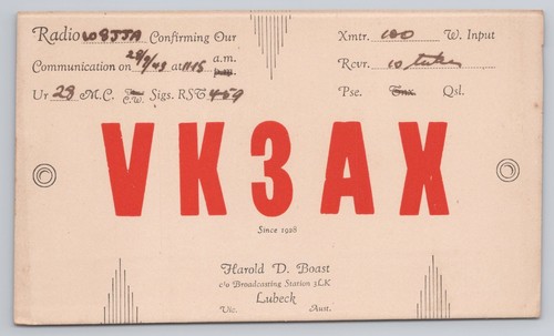 Qsl card vk3ax lubeck - card,