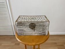 Vintage Wooden White Washed Storage Box Jewellery Box With Carved Floral Design