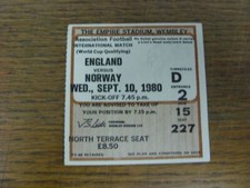 10/09/1980 Ticket: England v Norway [At Wembley] (Brown, North Terrace Seat, ?8.