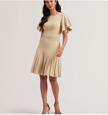 TED BAKER Womens Dress TB 2 UK 10 Madisnn Gold Metallic Pleated Knit Skater NEW