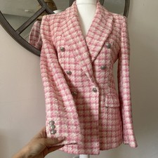 Zara Blazer Pink White Boucle Gingham Check Jacket Medium 10 12