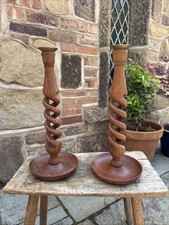 Pair Of Wood Candlesticks Vintage Hand turned Barley Twist Spiral Church Candles