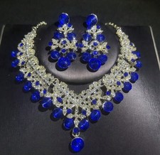 Asian Indian Necklace Earrings Jewellery Set In Navy Blue Silver *UK*