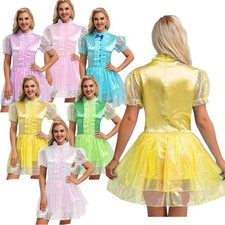 UK Women's Glossy Maid Dress Puffy Ruffle Dresses Frilly Cosplay Costume