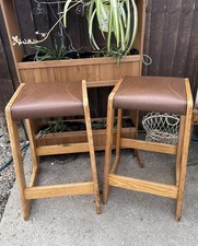 Vintage Breakfast Bar Stool Pair Of Mid Century Square Wooden Brown Leatherette
