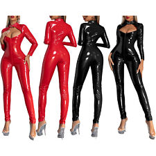 Womens Shiny PVC Leather Bodysuit Catsuit Latex Tights Zipper Jumpsuit Clubwear