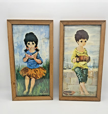 Vintage Framed Dallas Simpson Girl Boy Retro Kitsch 1960s Pair Mid Century