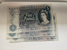 3 x consecutive Bank of England Five Pound Notes1967 First Prefix Run J.S.Fforde