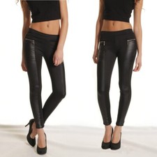 Ladies Black Stretch Zip Leggings Skinny Fit Side Faux Leather
