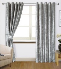 Silver CRUSHED VELVET Curtains Pair of EYELET Ring Top Heavy Fully Lined New