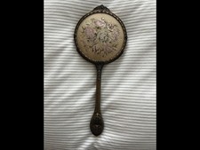 Vintage Hand Held Vanity Mirror, Brass Handle & Frame, Floral Design