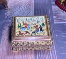 Khatam Marquetry Wood Trinket Jewelry Box Persian Hunting Scene Hand Painted