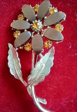 Vintage Brown Lucite Petals and Orange Paste Stones Flower BROOCH