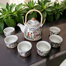 Chinese Tea Set - White Ceramic Palace Garden Pattern - 6 Small Cups - Gift Box