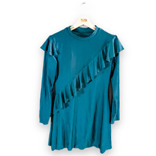 Ladies Jade Green Long Sleeved Ruffle Padded Bust Stretch Dress Size 12-14