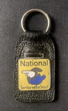 NATIONAL BENZOLE SMURF PETROL OIL ENAMEL LEATHER VINTAGE KEY RING KEY FOB