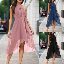 Women Chiffon Halter Neck Midi Dress Cocktail Evening Ball Gown Party Dresses