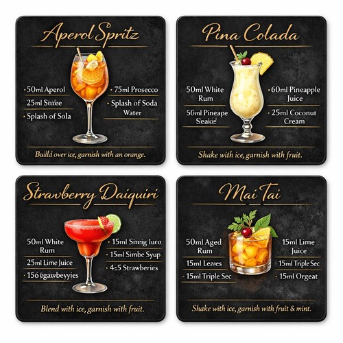 Cocktail recipe coaster set - recipe,