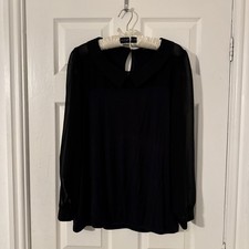 George Ladies Stylish Black Contrast Material Long Sleeve Collared Top (Size 16)