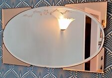 RARE ART DECO FRAMELESS WALL MIRROR BEVELLED EDGE, PEACH PANELS ENGRAVED VGC