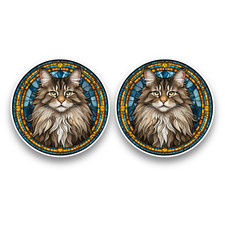 2x Small Maine Coon Cat Kitten Stained Glass Opaque Vinyl Sticker Decal 60mm