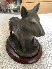 Bull Terrier, dog bust/statue on wooden base, UK Tudor Bronze 1995