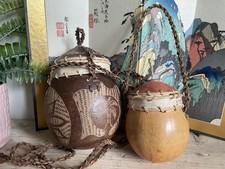 Pair of vintage carved Calabash gourd Coconut Vessels Handbags Scrimshaw Purses