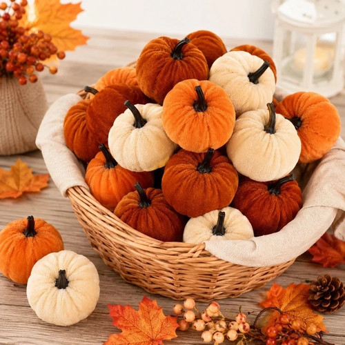 9pcs velvet pumpkins - 9pcs, autumn