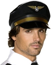Mens Airline Pilot Hat Black Cap With Badge Fancy Dress Costume Accessory New