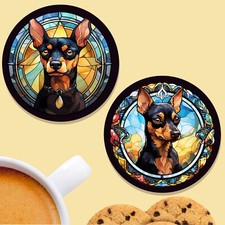 Pet Dog Coasters, Stained Glass Effect Print Miniature Pinscher Set Of 2,  Mats