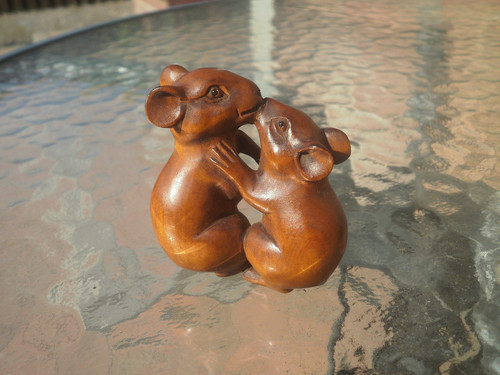 Hand carved wood netsuke mice - hand,