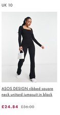 ASOS DESIGN ribbed square neck unitard jumpsuit in black Uk 10